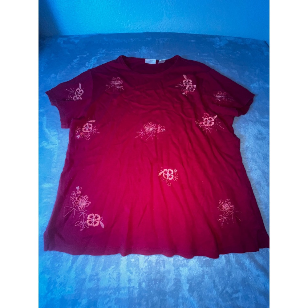 Classic Elements Woman Red Floral Embroidered Cotton T-Shirt Plus Size 1X 16-18W